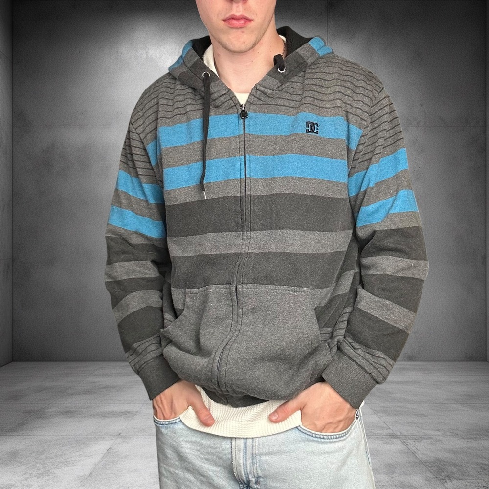 DC Shoes Vintage Y2K Striped Sherpa Lined Zip Up Hoodie Grey Blue Skater Boxy